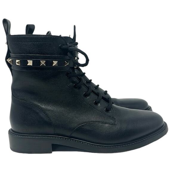 Valentino Garavani Rockstud Combat Boots Moto Leather Shoes Black Size 39.5 - Picture 2 of 13